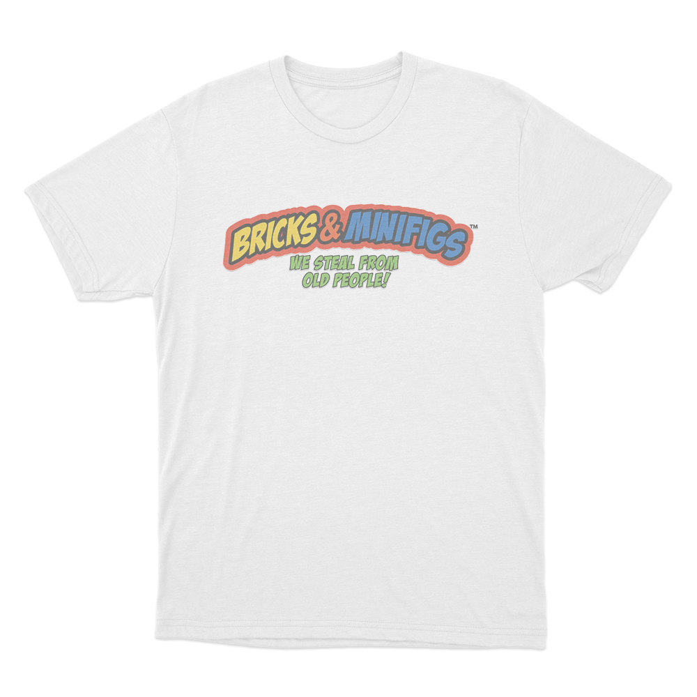 Bricks & Minifigs We Steal From Old People Logo Unisex T Shirt White Bricks Minifigs We Steal From Old People Logo Unisex T Shirt White
